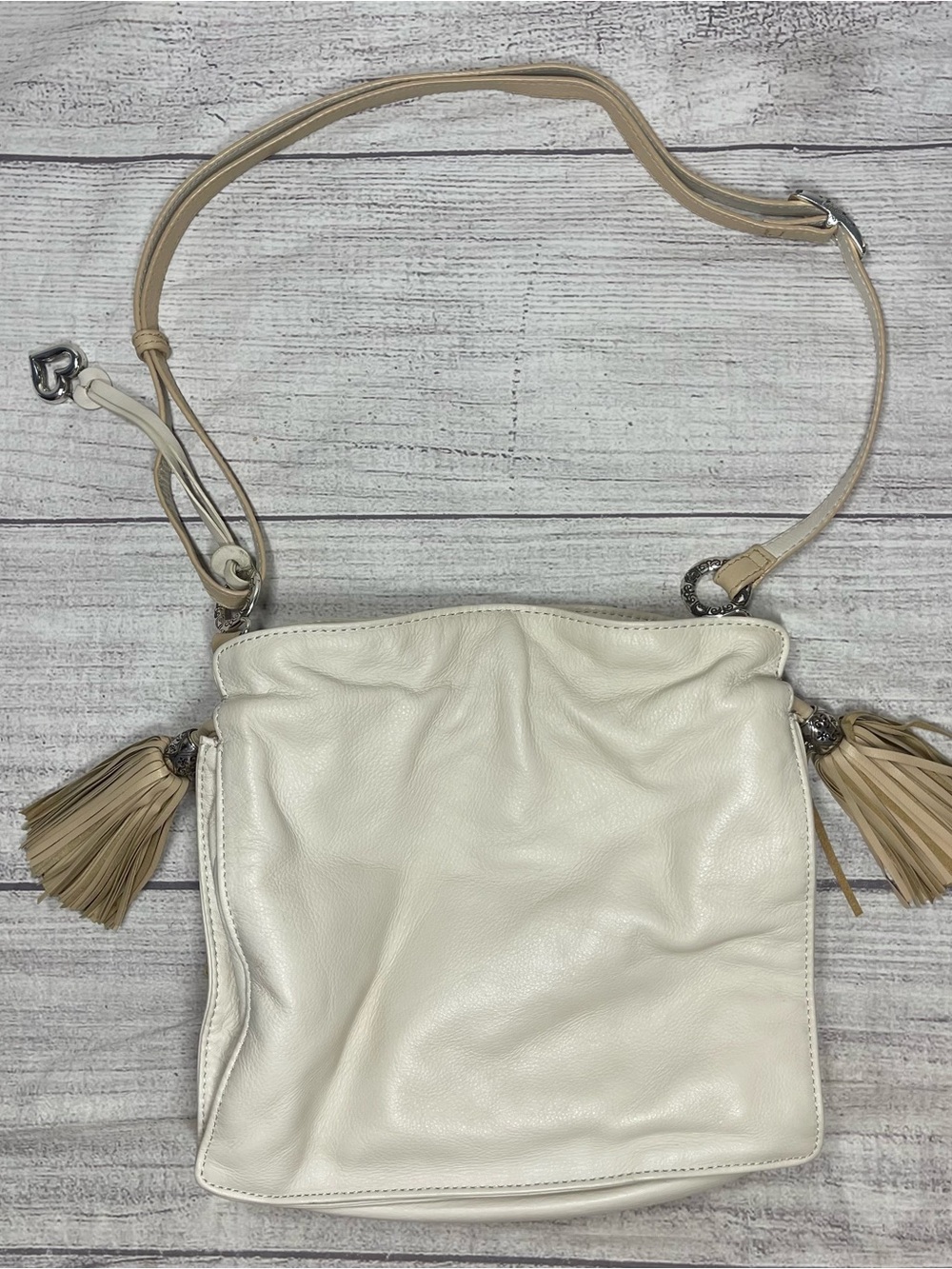 Brighton Chica Style Cream Color Soft Leather Dual Tassels Crossbody Purse